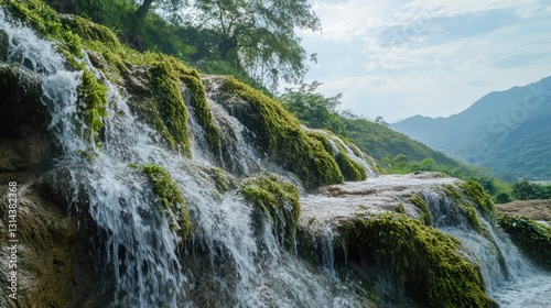 Cascading waters create a vibrant tapestry on the mossy rocks beauty photo