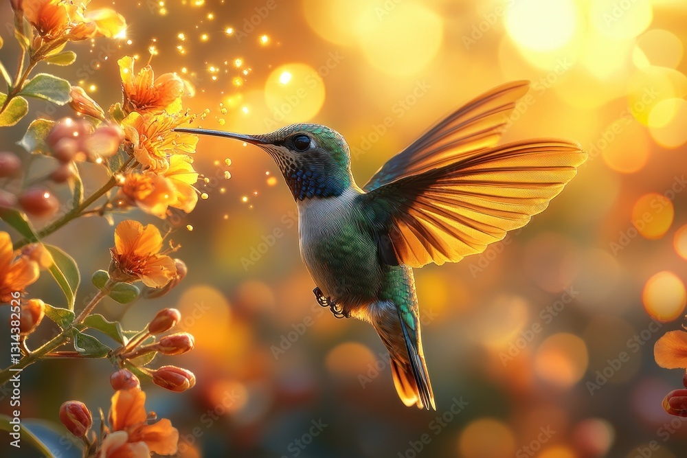Fototapeta premium Hummingbird Feeding on Tropical Flowers in Rainforest at Golden Hour