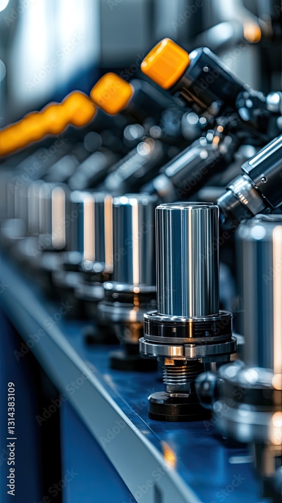 Naklejka premium Robotic arms assemble holographic car models while data streams display real-time quality metrics in a futuristic manufacturing plant