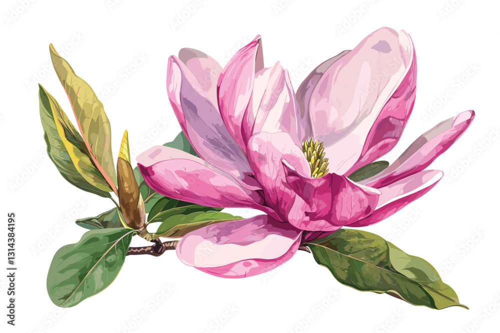 Fototapeta premium Watercolor illustration with blooming pink magnolia flowers and branches. 