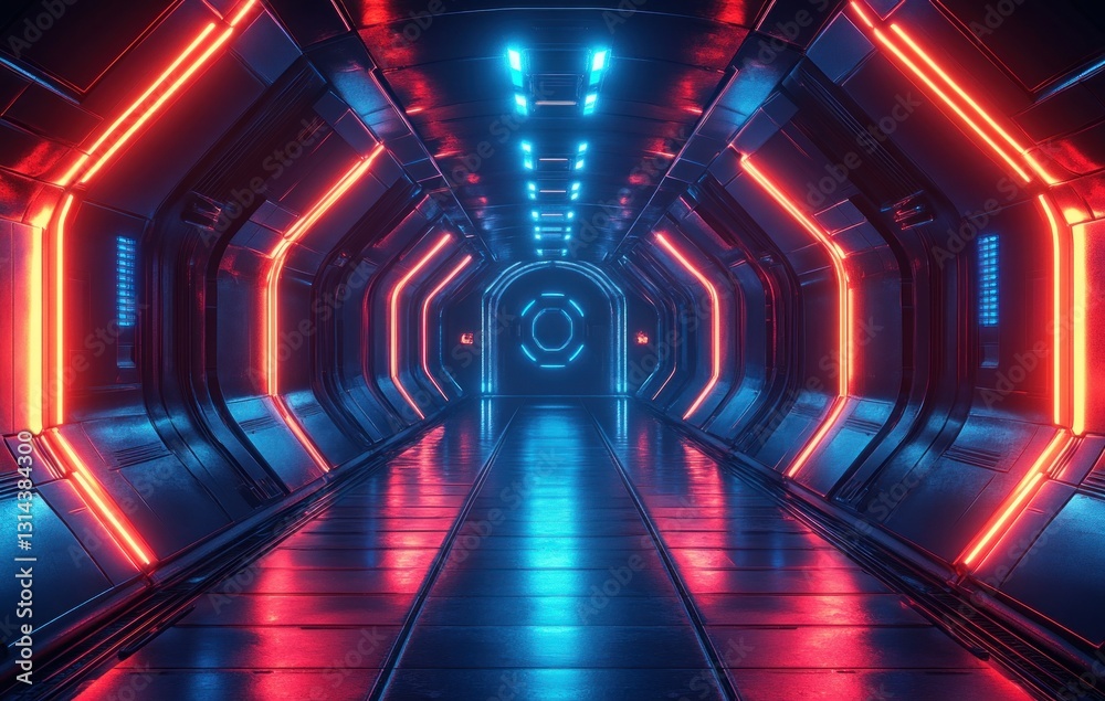 Naklejka premium Futuristic Sci-Fi Chamber with Neon Lights and Metallic Surfaces for Product Showcase