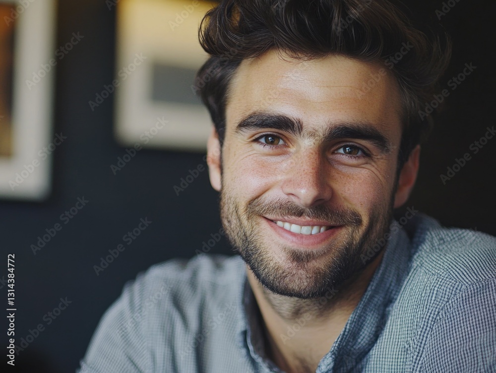 Obraz premium A bearded man is seen smiling brightly at the camera, showcasing his cheerful demeanor. He appears to be in a café setting, with a coffee shop background featuring wooden tables and a warm atmosphere.