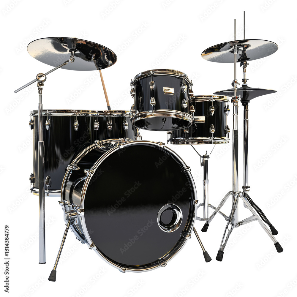 Obraz premium black drum set with cymbals, featuring bass drum, snare drum, and toms, perfect for music enthusiasts and performances