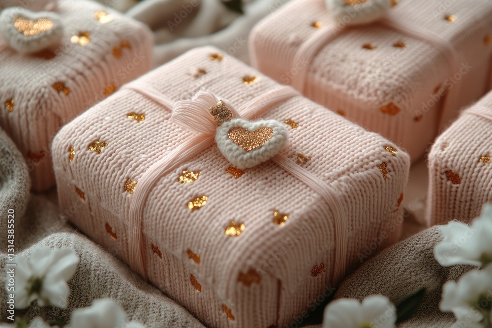 Minimalist Valentine Gift Box Flat Lay Romantic Pink Hearts and White Flowers on Beige Background