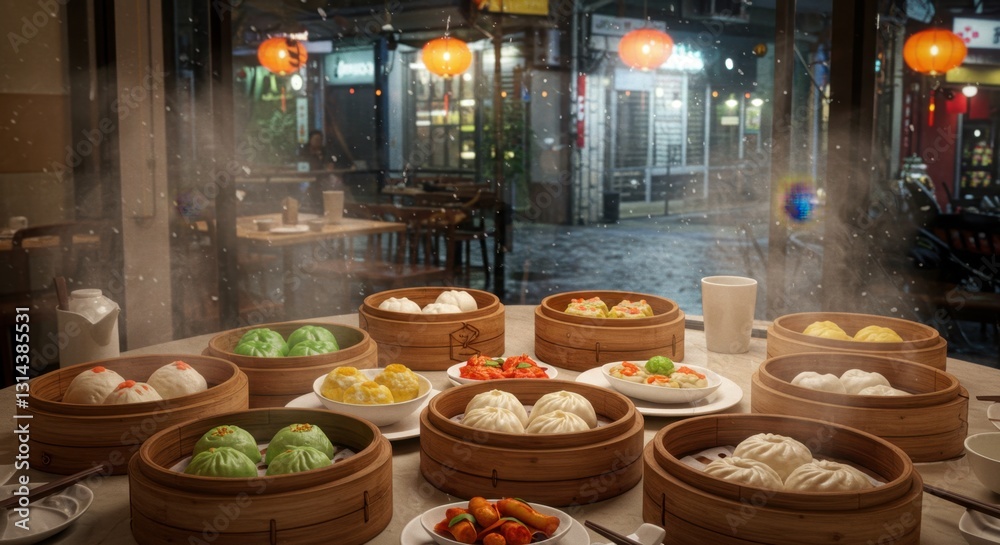 A vibrant dim sum feast displayed on a table, with colorful dumplings and a bustling street view outside