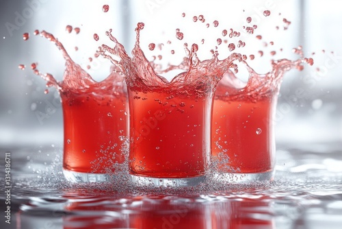 Red Cherry Juice Splash Three Glasses Dynamic Refreshing Drink Colorful Beverage