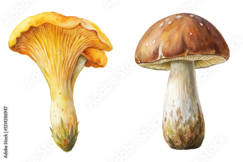 Watercolor mushrooms, detailed illustrations, vibrant colors, nature artwork, edible fungi, botanical design, artistic composition.