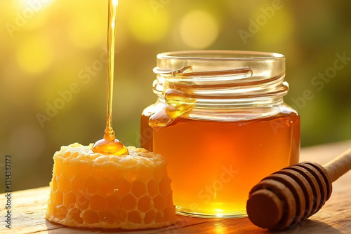 Jar of honey and honeycomb