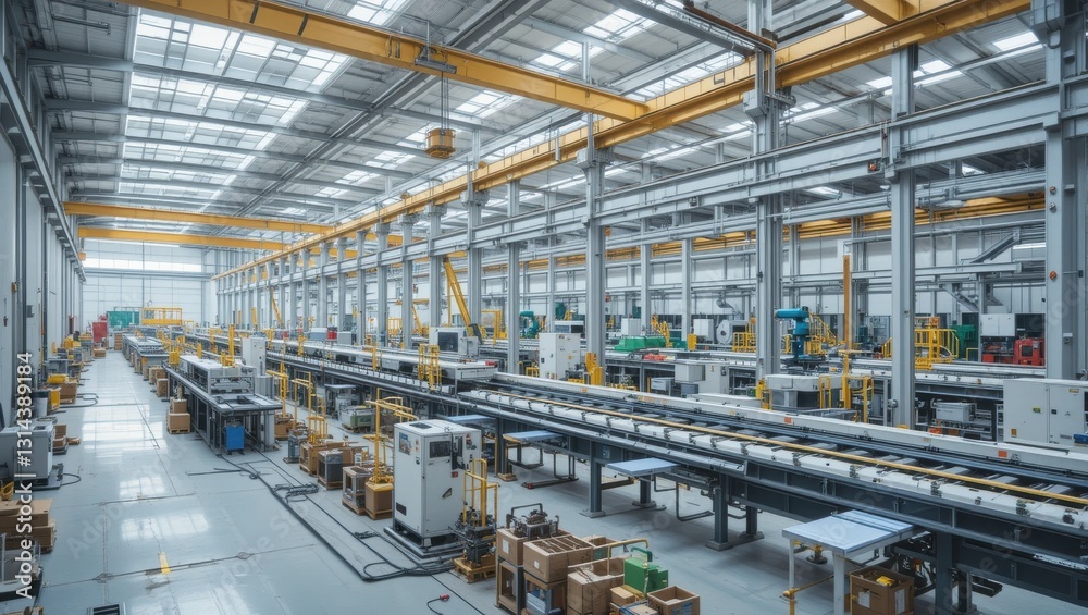 Spacious Industrial Factory Interior Featuring Advanced Machinery and Conveyor Systems for Production Spacious Industrial Factory Interior Featuring Advanced Machinery and Conveyor Systems for Production