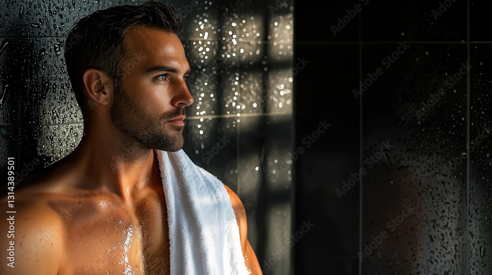 Man in bathroom on black background with towel, mockup for shampoo, shower gel, cosmetics Man in bathroom on black background with towel, mockup for shampoo, shower gel, cosmetics