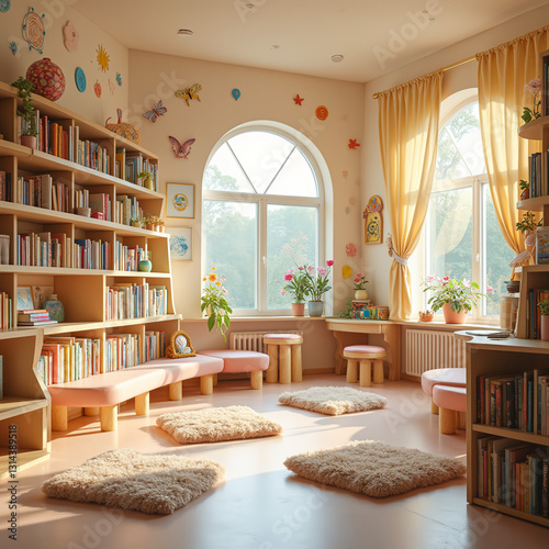 Biblioteca infantil con grandes ventanales, ambiente luminoso y cálido. Una acogedora y bonita biblioteca infantil con muchos libros.