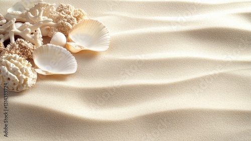 Minimalistic Display Of Coral And Shells On Sand