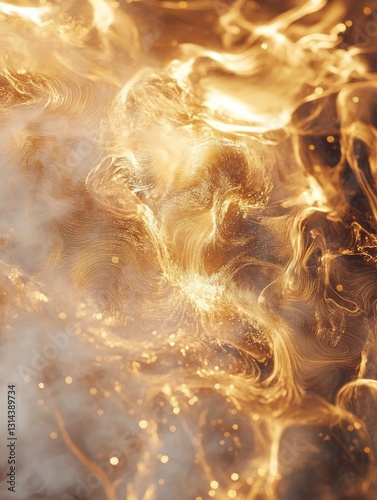 Abstract golden fluid dynamic wave with luminous particles and smoky textures