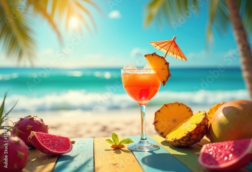 vibrant cocktail glass upside down colorful beach table surrounded exotic fruits tiny umbra blue ocean waves under bright sunlight, drink, umbrella