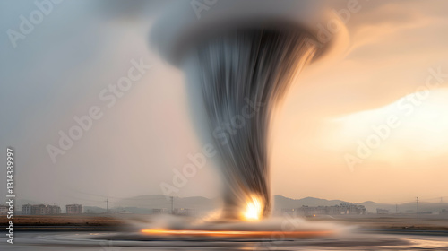 A large tornado is swirling above a populated landscape