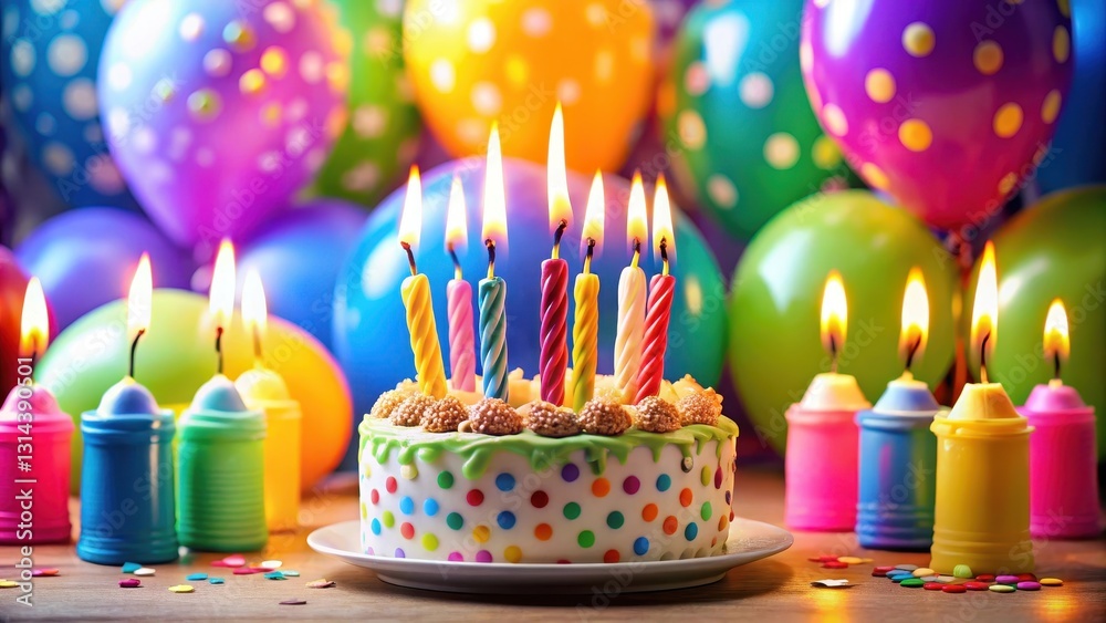 Fototapeta premium Colorful candles and balloons on a birthday cake background with festive decorations, celebration decor, party supplies