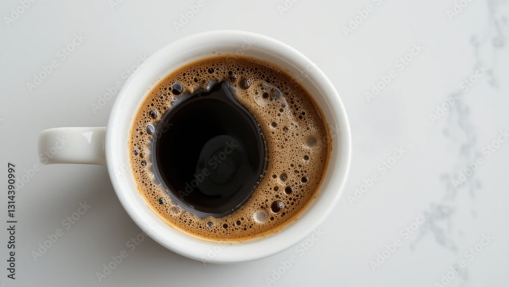 Top View of Black Coffee with Foamy Surface in a White Cup on a Marble Table Top View of Black Coffee with Foamy Surface in a White Cup on a Marble Table