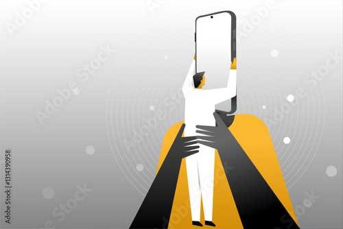 Conceptual illustration of  person being lifted toward a large smartphone screen by shadowy hands of the smartphone