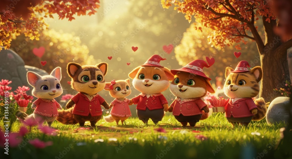 Naklejka premium Adorable animated animals celebrating friendship in a vibrant forest with blooming flowers and warm light