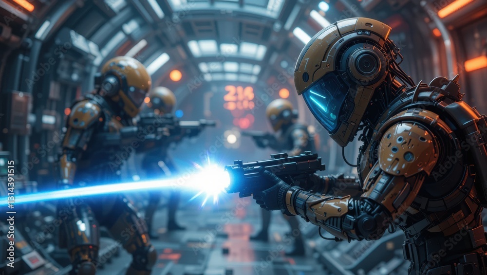 Futuristic Robots Engaged in Action with Laser Weapons in a High-Tech Space Interior Futuristic Robots Engaged in Action with Laser Weapons in a High-Tech Space Interior