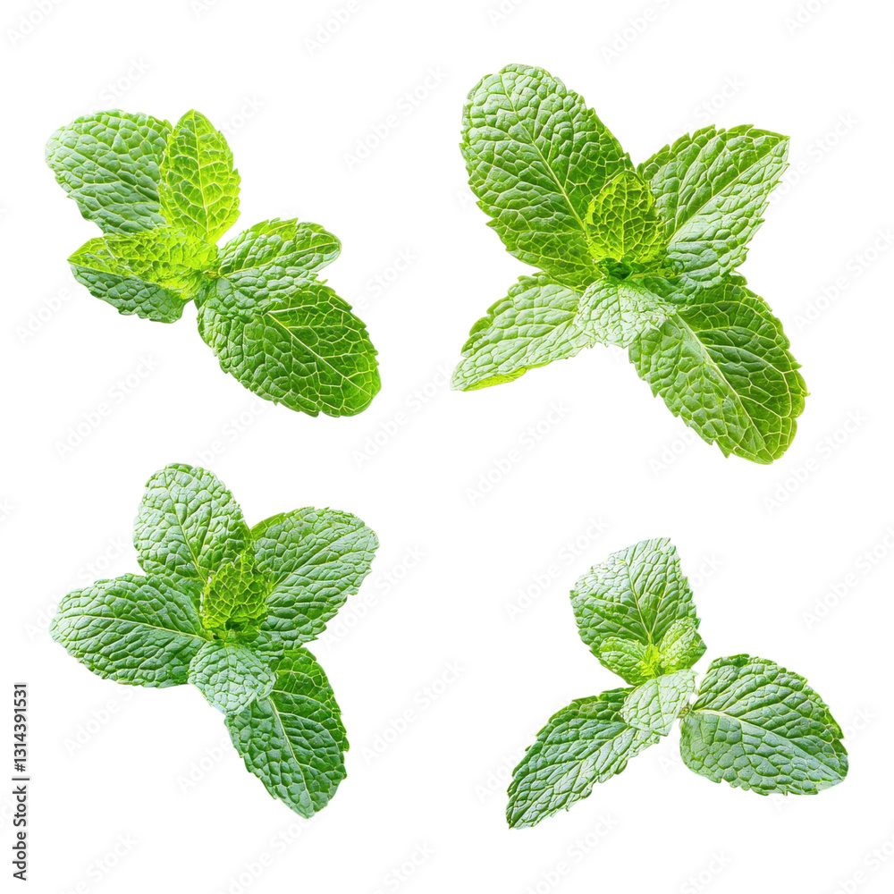 Fresh mint leaves in various arrangements showcasing their vibrant green color and distinct texture. Fresh mint leaves in various arrangements showcasing their vibrant green color and distinct texture.