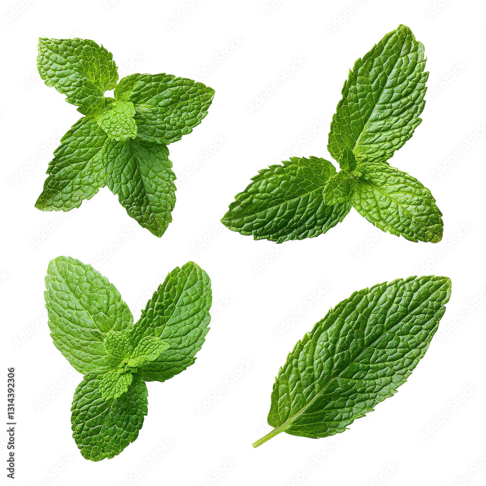 Fresh mint leaves with distinct textures and vibrant green hues, showcasing various shapes and arrangements. Fresh mint leaves with distinct textures and vibrant green hues, showcasing various shapes and arrangements.