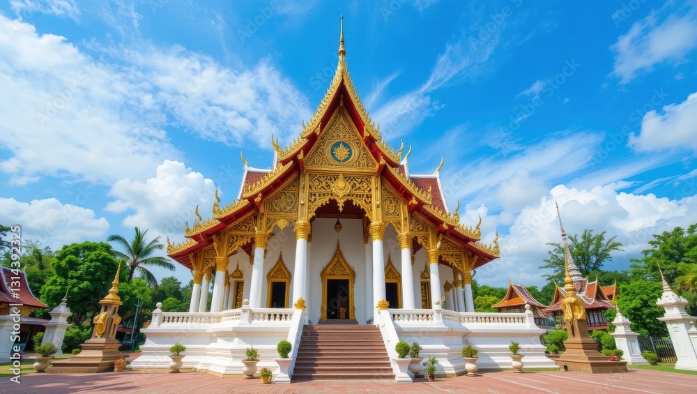 Ornate Golden Temple with Intricate Design and Lush Green Surroundings under a Blue Sky in Thailand Ornate Golden Temple with Intricate Design and Lush Green Surroundings under a Blue Sky in Thailand