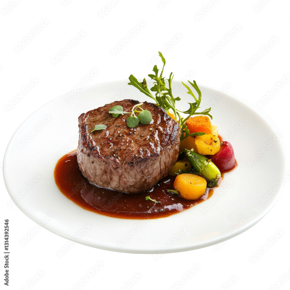 Delicious beef steak served with colorful vegetables and sauce Delicious beef steak served with colorful vegetables and sauce