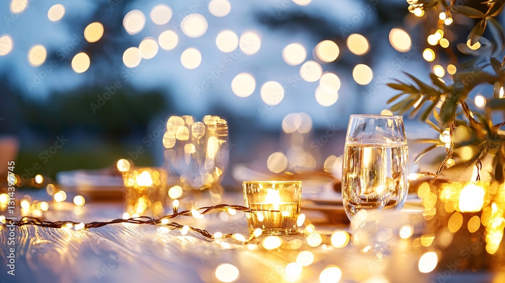 Event Planning setting with flowers,candles,balloons Concept. Elegant Outdoor Table Setting with Fairy Lights Event Planning setting with flowers,candles,balloons Concept. Elegant Outdoor Table Setting with Fairy Lights