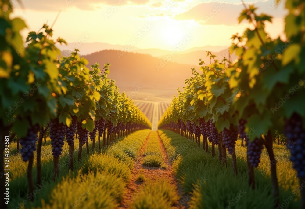Naklejka premium radiant vineyard vista showcasing sunlit grape vines amidst lush greenery rolling hills, grapes, landscape, sunlight, harvest, agriculture, nature