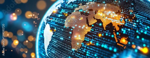 Supply chain global interconnected network. A digital representation of Earth highlighting Africa, enhanced with vibrant data patterns and glowing elements, symbolizing connectivity and technology.