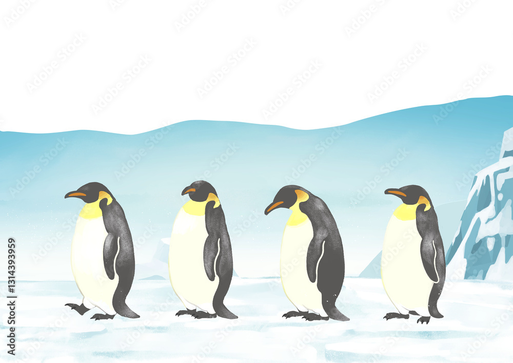 Fototapeta premium 南極 一列に並ぶペンギン 山並みカット