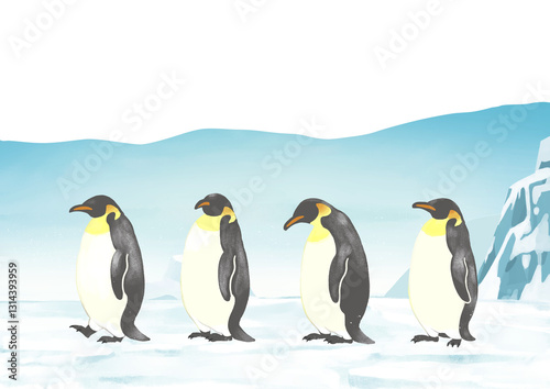 南極　一列に並ぶペンギン　山並みカット