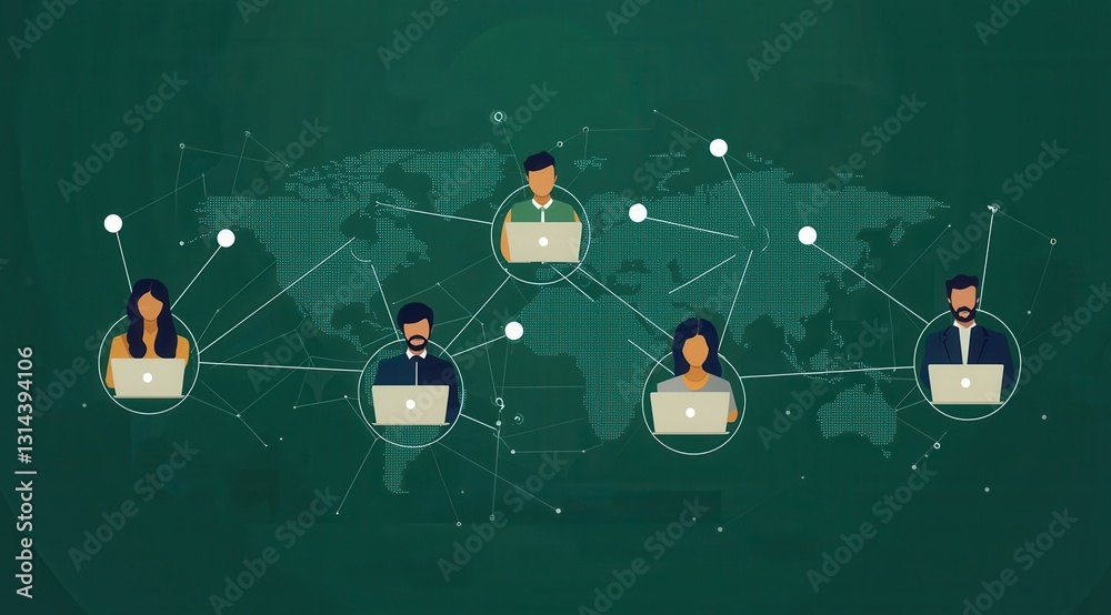 Fototapeta premium Global network collaboration featuring professionals using computers on a world map