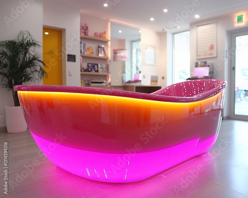 Modern pink bathtub reception desk, bright interior photo