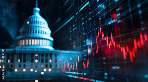 A double-exposure effect of the U.S. Capitol and a fluctuating stock market graph, merging seamlessly into each other, symbolizing economic governance and financial policy shifts. photo