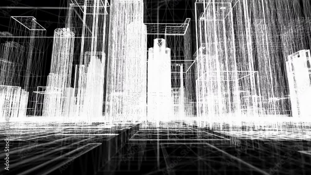 ワイヤーフレームの高層ビルが並ぶ都市を進む背景,ビジネス,近未来,ホログラム,科学,
Background of wire frame skyscrapers moving through city,business,near future,hologram,science