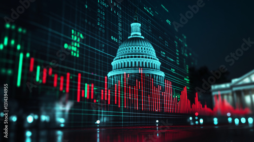 A minimalist yet powerful composition: the Capitol building at night, its silhouette outlined by glowing red and green financial graphs, evoking economic decisions made behind clos