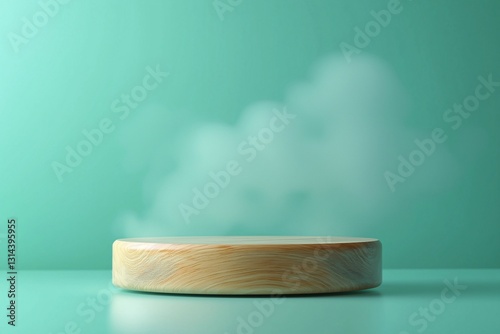 Steam rising from a wooden platform minimalistic style studio setting soft lighting