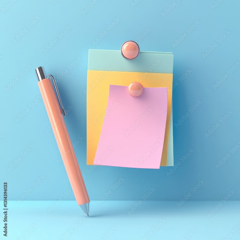 A colorful pen and memo pad arranged on a light blue surface A colorful pen and memo pad arranged on a light blue surface