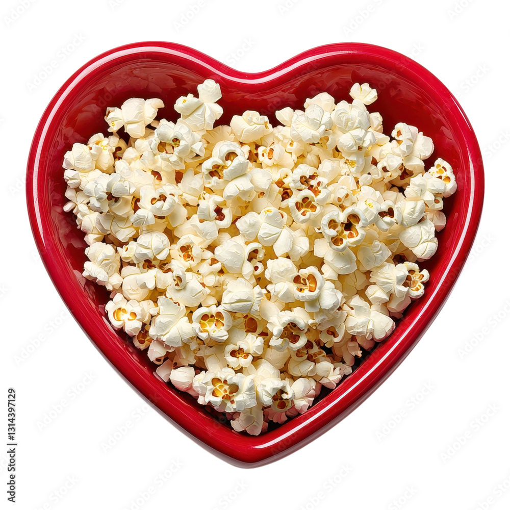 A heart-shaped bowl filled with fluffy popcorn, showcasing its light color and texture. A heart-shaped bowl filled with fluffy popcorn, showcasing its light color and texture.