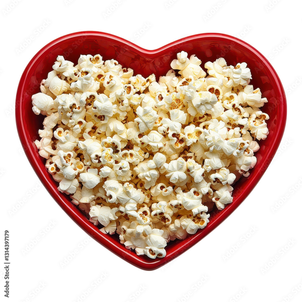 A heart-shaped bowl filled with fluffy, buttery popcorn. A heart-shaped bowl filled with fluffy, buttery popcorn.