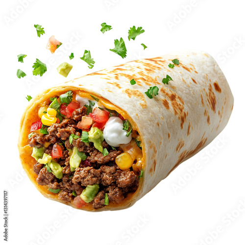 A Cheesy Burrito with Beef and Vegetables Isolated on Transparent Background