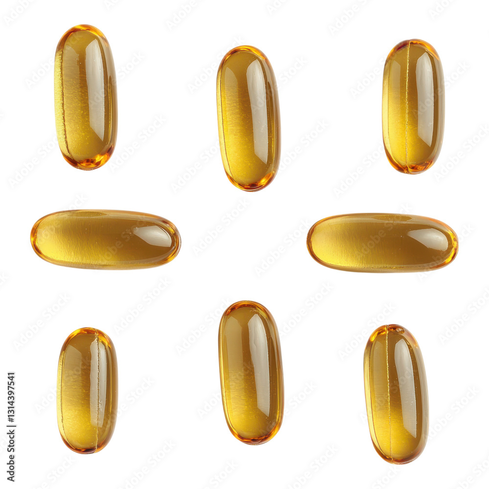 Fototapeta premium Glossy yellow gel capsules arranged in a grid pattern, showcasing their smooth surface and elongated shape.