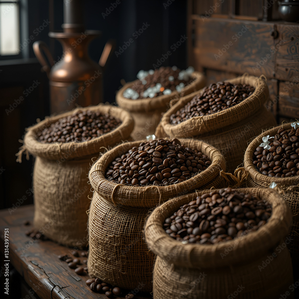 Artisanal Organic Coffee Beans in Burlap Sacks with Moody Chiaroscuro Lighting and Industrial Copper Accents Artisanal Organic Coffee Beans in Burlap Sacks with Moody Chiaroscuro Lighting and Industrial Copper Accents