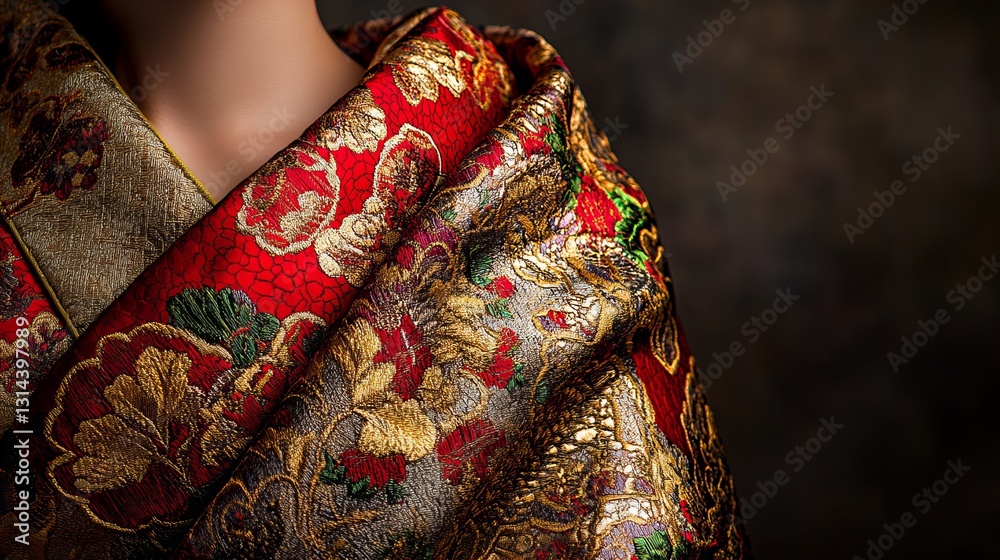 Intricate details of a luxurious red and gold brocade textile draped over a shoulder. Rich colors and textures. Intricate details of a luxurious red and gold brocade textile draped over a shoulder. Rich colors and textures.