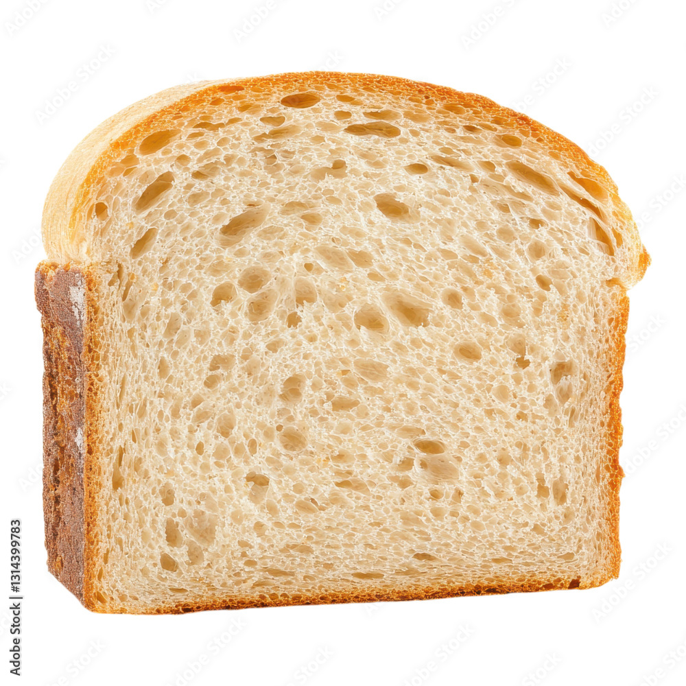 A slice of golden-brown bread featuring a textured crust and a soft, airy interior. A slice of golden-brown bread featuring a textured crust and a soft, airy interior.