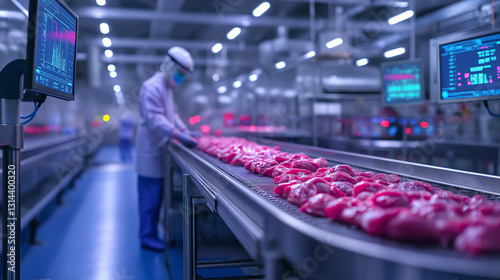 Wallpaper Mural A futuristic poultry processing plant featuring a robotic conveyor belt system handling raw chicken, with digital monitoring screens displaying real-time quality control metrics. Torontodigital.ca