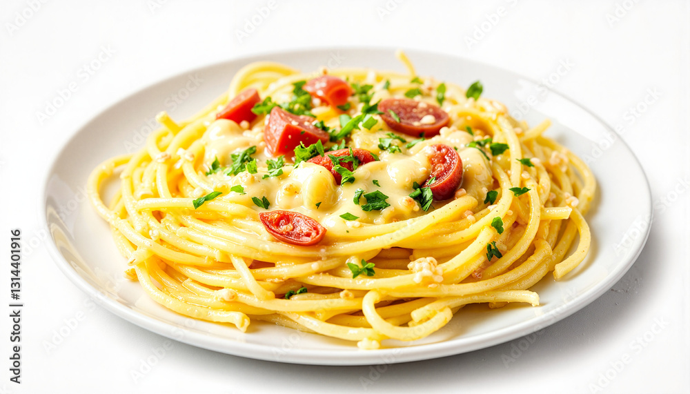 Delicious creamy pasta with cherry tomatoes on a simple white plate, culinary elegance Delicious creamy pasta with cherry tomatoes on a simple white plate, culinary elegance