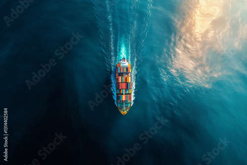 Aerial top view of cargo ship with contrail in the ocean sea ship carrying container and running from container international port smart freight shipping by ship service